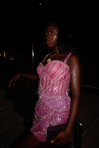 Gorgeous Spaghetti Straps Satin Beaded Sheath Short Birthday Outfits Pink Short Homecoming Dress D4759