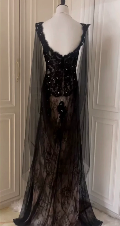 Elegant Black Lace Appliques Beaded Mermaid Evening Dress Long Birthday Prom Gown D3103