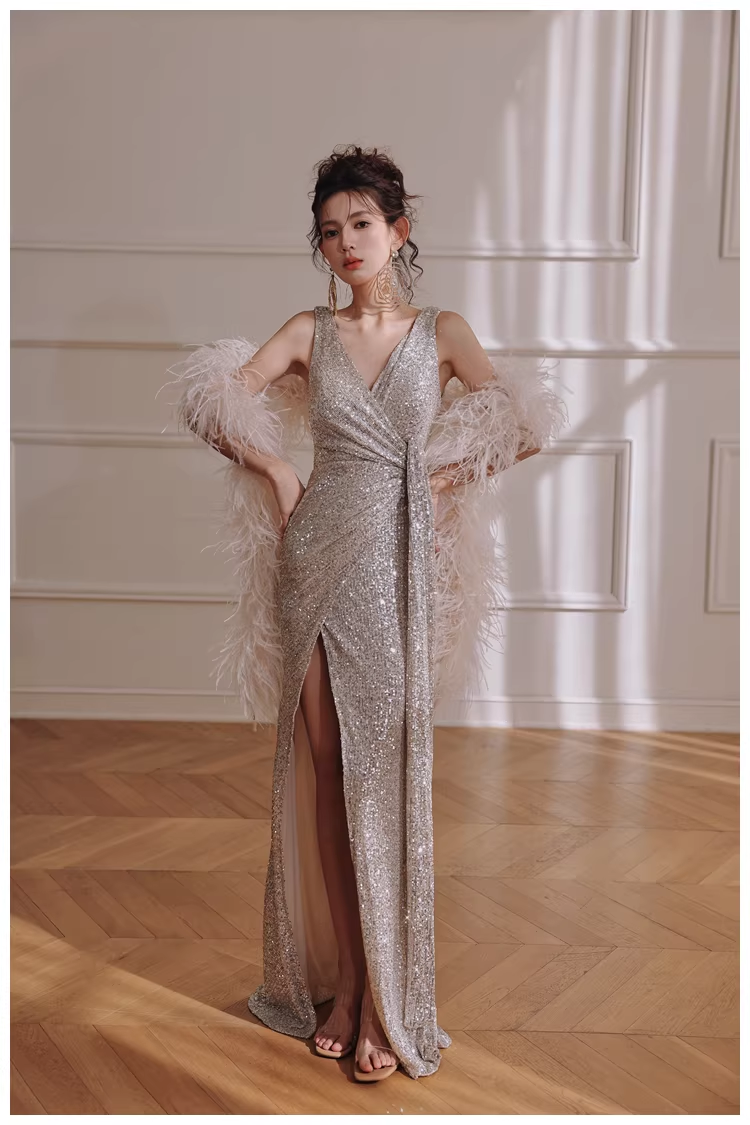 Glitter V Neck Silver Sequin Slit Mermaid Long Evening Dress Birthday Dress D2420