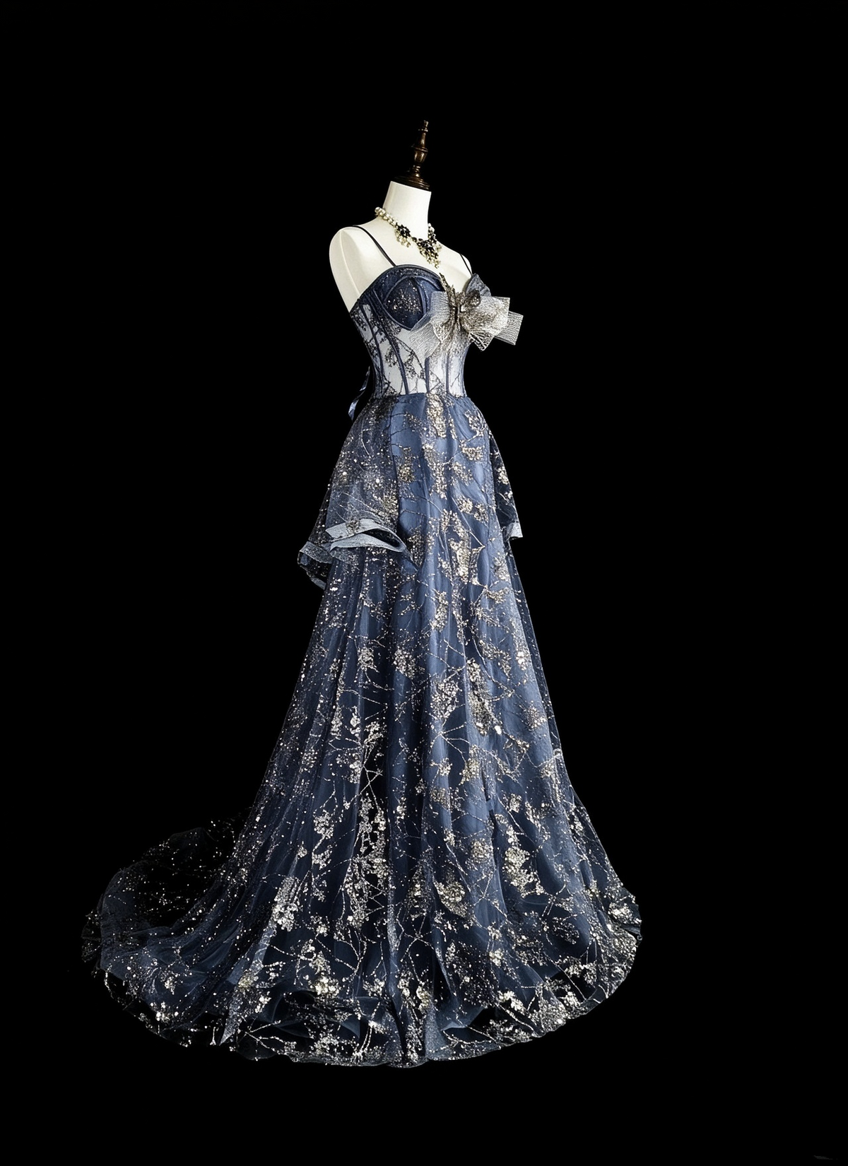 Charming Spaghetti Straps Tulle Sequin Long Prom Dress Blue Evening Dress D5383