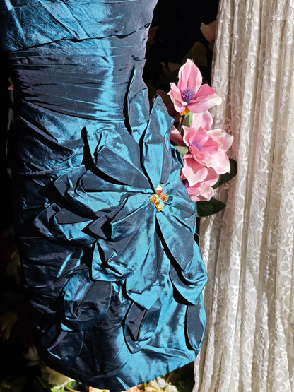 Vintage Strapless Satin Pleated Floral Short 7th Grade Homecoming Dress,Blue Sheath Mini Cocktail Dress D3153