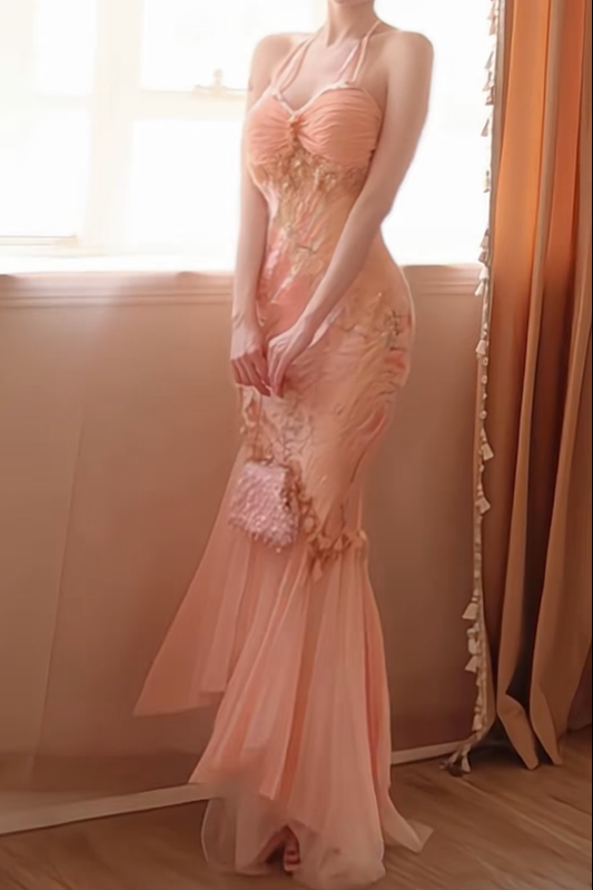 Glamorous Light Orange Pink Chiffon Mermaid Long Prom Gown Halter Evening Gown D2777