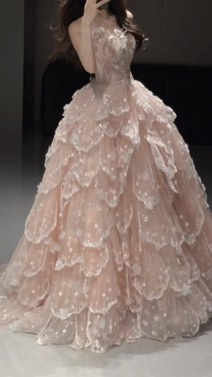 Glamorous Strapless Ball Gown Pink Tulle Sequin Layered Long Evening Dress Birthday Party Gown D1942