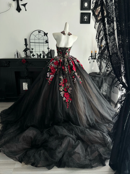 Pretty Black Quinceanera Dress Strapless Tulle Sequin Beaded Floral Sweet 16 Dress With Appliques D4717