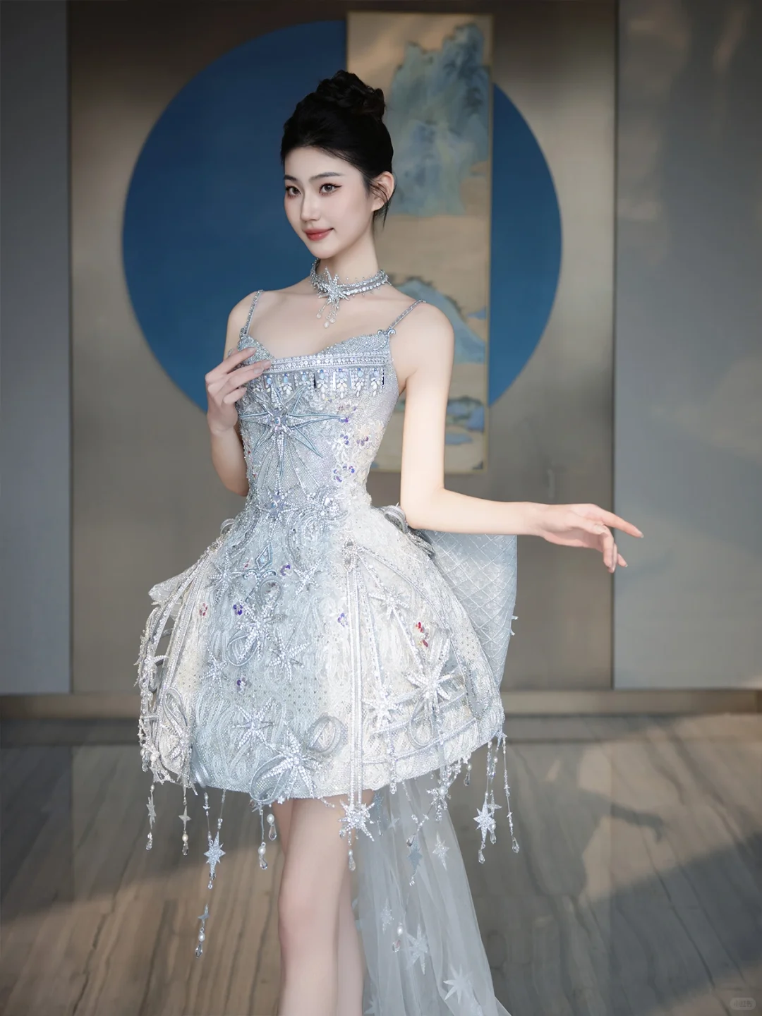 Glitter Spaghetti Straps Blue Tulle Sequin Beaded A Line Short Graduation Homecoming Dress With Bow D3063