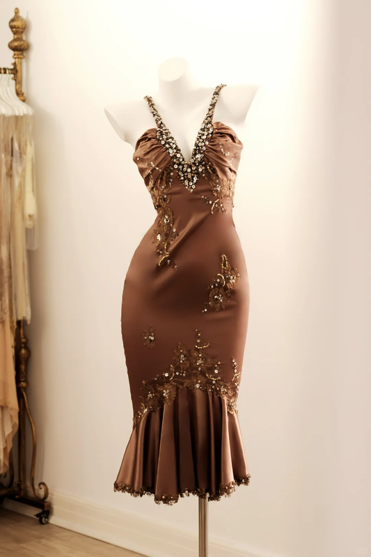Vintage Spaghetti Straps Satin Lace Beaded Sheath Knee Length Prom Dress Party Dress D2734