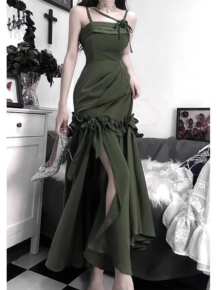 Chic Mermaid Straps Green Long Ruffles Prom Dresses Birthday Dress SD577