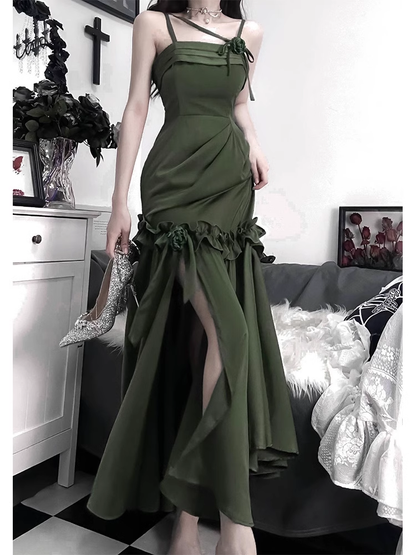 Chic Mermaid Straps Green Long Ruffles Prom Dresses Birthday Dress SD577