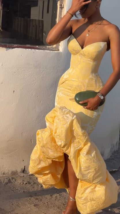 Chic Strapless Yellow Satin Print Floral Mermaid Long Party Dress Prom Dresses D4418