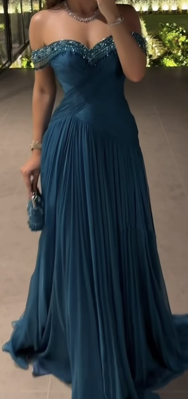 Charming Blue Chiffon Pleated Beaded Long Evening Dress,Off The Shoulder Long Birthday Prom Dress D4946