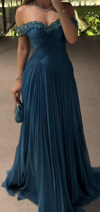 Charming Blue Chiffon Pleated Beaded Long Evening Dress,Off The Shoulder Long Birthday Prom Dress D4946
