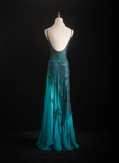 Vintage Spaghetti Straps Ombre Green Chiffon Beaded Evening Dress Mermaid Long Prom Gown D1682