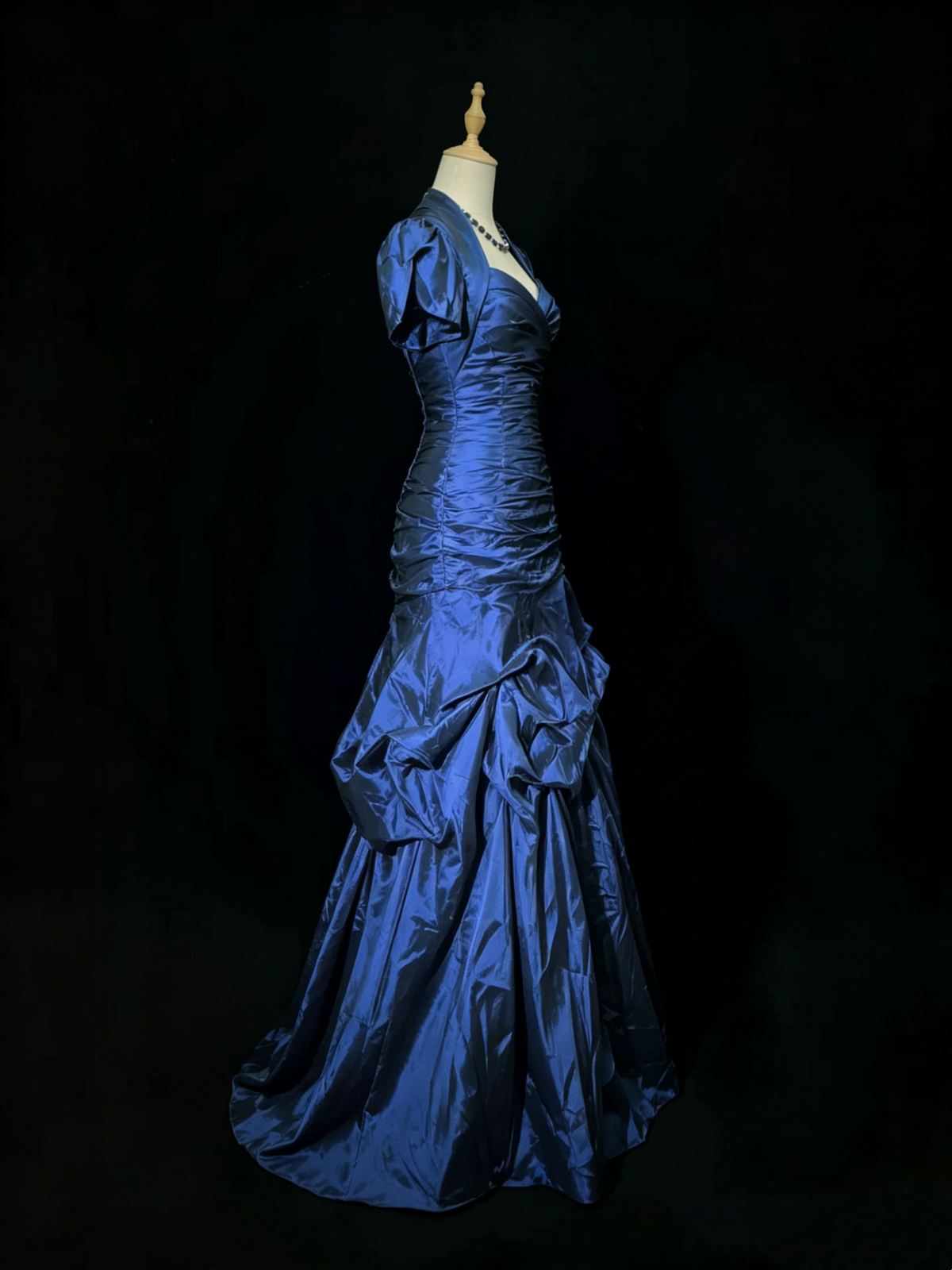 Vintage Blue Satin Pleated Mermaid Long Party Gown Formal Prom Dress D753
