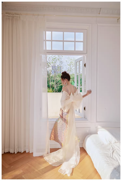 Glitter Spaghetti Straps Sequin Mermaid Long Party Dress Evening Gown With Bow D2448