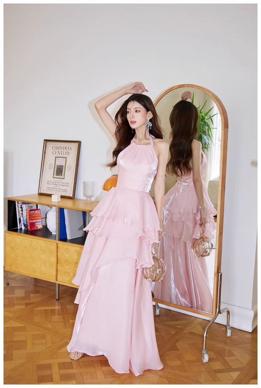 Classy Halter Pink Satin Ruffles Long Birthday Party Dress Evening Dress D2428