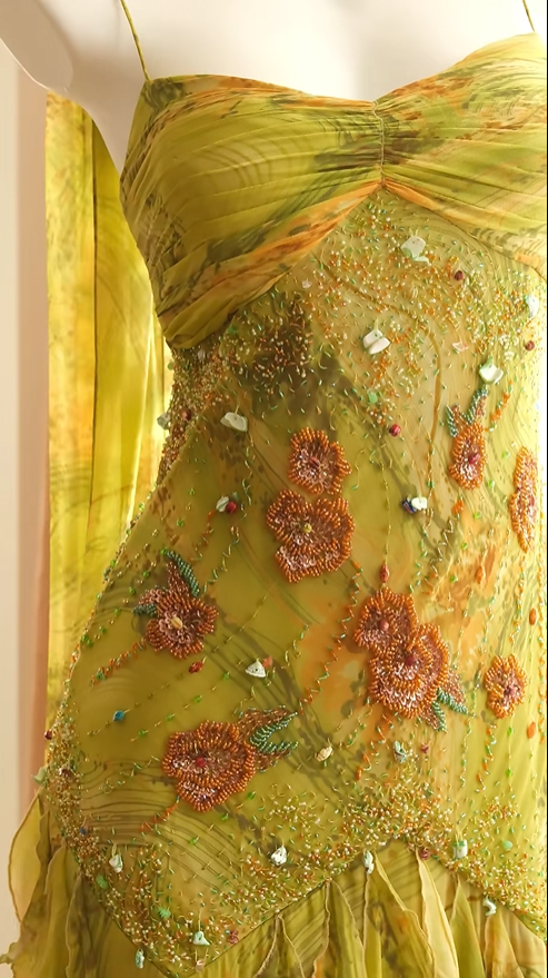 Unique Spaghetti Straps Chiffon Beaded Ruffles Evening Dress Olive Yellow Birthday Prom Gown D2720
