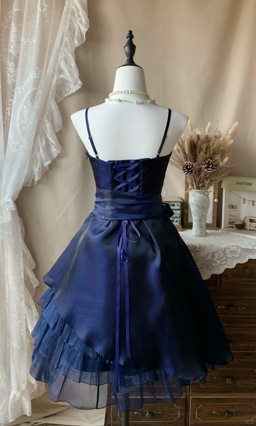 Shiny Spaghetti Straps Navy Blue Tulle Satin A Line Formal Graduation Homecoming Dress Short Party Dress D3069