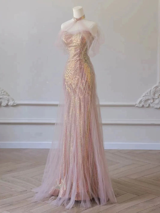 Sexy Mermaid Halter Pink Sequin Long Prom Dress Evening Dress Formal Dress SD1819