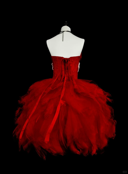 Fairy Red Strapless Tulle Beaded A Line Short Homecoming Dress Birthday Outfits D4064