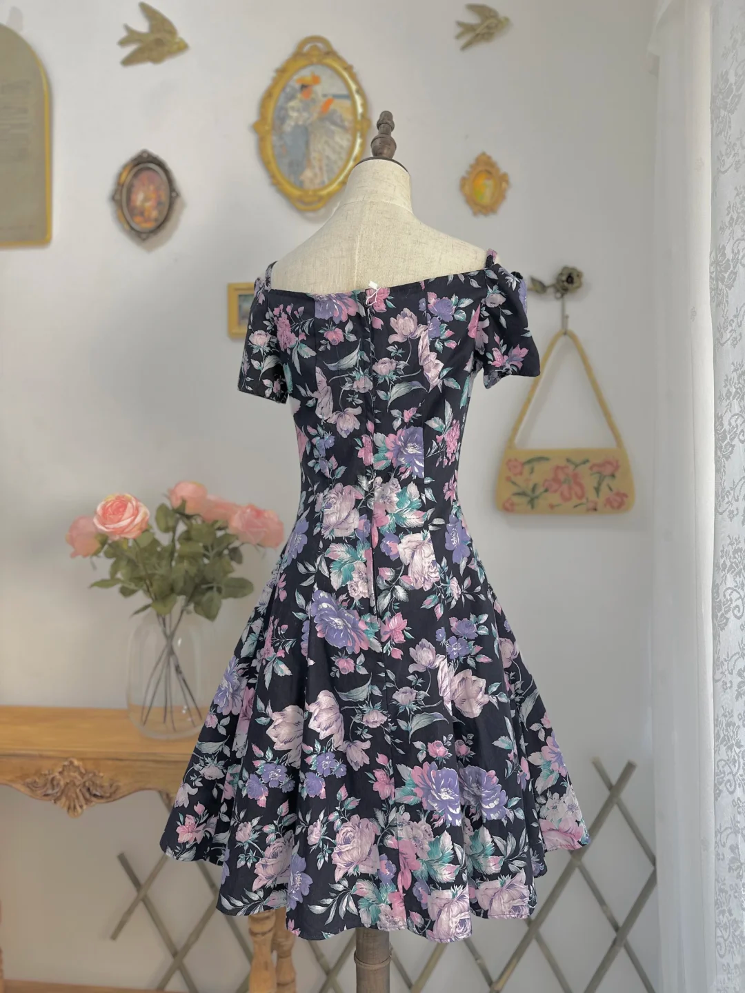 Vintage Satin Print Floral A Line Off The Shoulder Homecoming Dress Short Prom Dress D528
