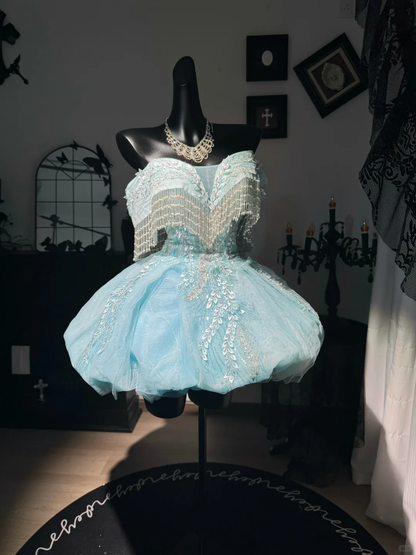 Glamorous Off The Shoulder Tulle Sequin Beaded A Line Homecoming Dress,Blue Mini 16th Birthday Outfits D3020