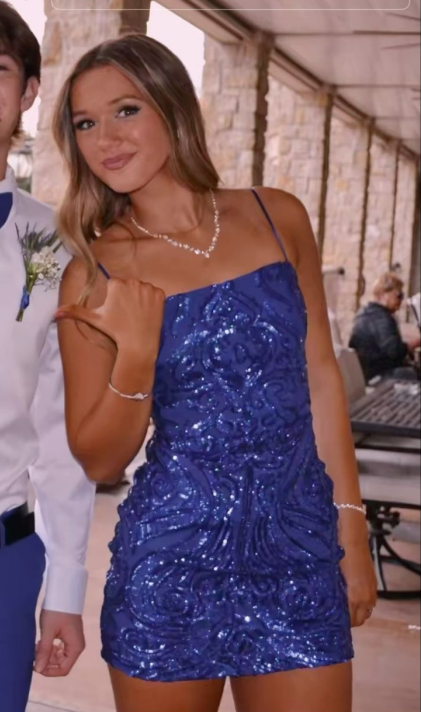 Gorgeous Blue Spaghetti Straps Satin Sequin Sheath Cocktail Dress,Formal Graduation Homecoming Dress D3289