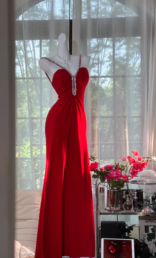 Charming Red Spaghetti Straps Chiffon Beaded Mermaid Evening Dress Backless Long Prom Gown D1249
