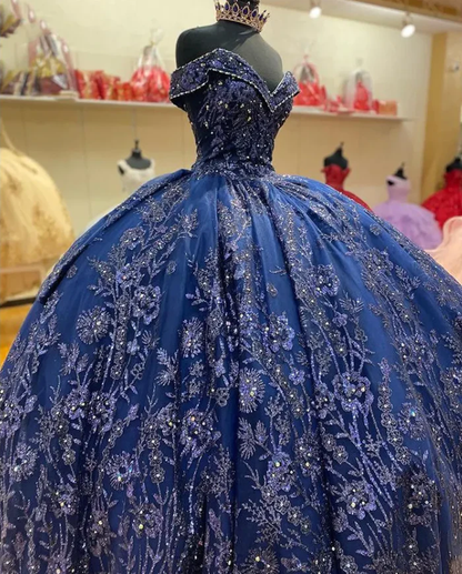 Vintage Navy Blue Ball Gown Off The Shoulder Tulle Lace Sequin Formal Quinceanera Dress D1632