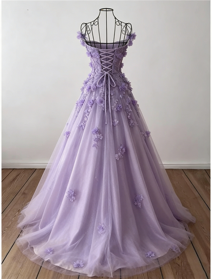 Retro Lavender Off Shoulder Tulle Floral Party Dress Tulle Prom Dress Evening Dress SD1747