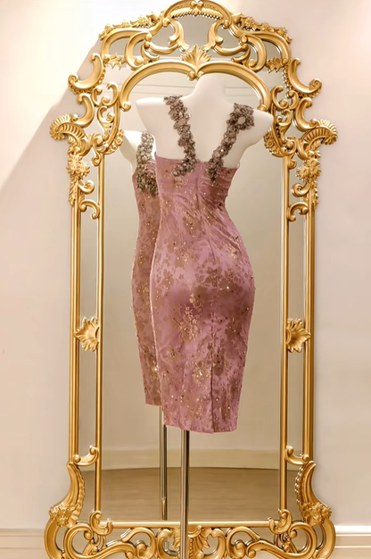Retro Pink Satin Lace Beaded Sheath Prom Dress Party Dress D2738