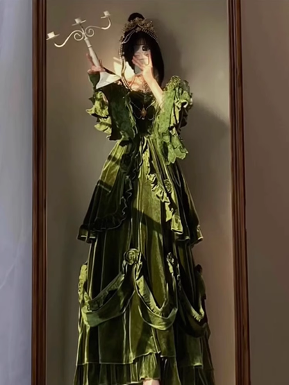 Chic Ball Gown Strapless Long Sleeves Floral Ruffles Green Prom Dresses Birthday Outfits SD459