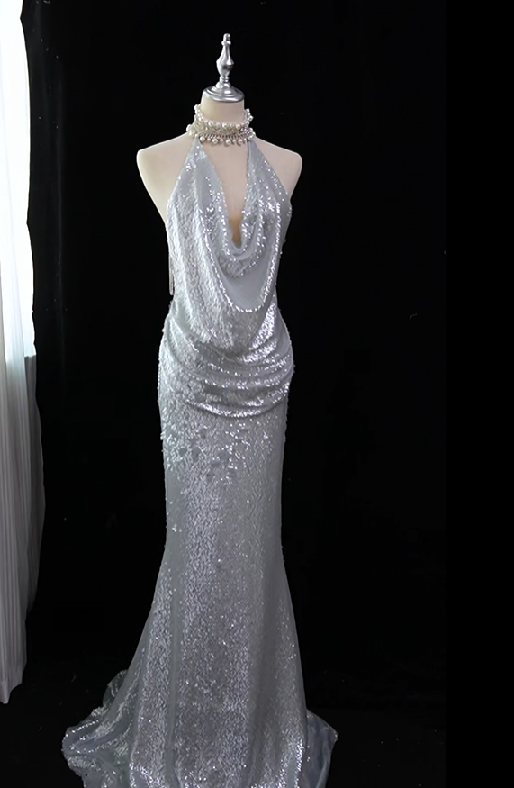 Glamorous Silver Sequin Tassel Mermaid Long Evening Dress Halter Backless Party Dress D5167