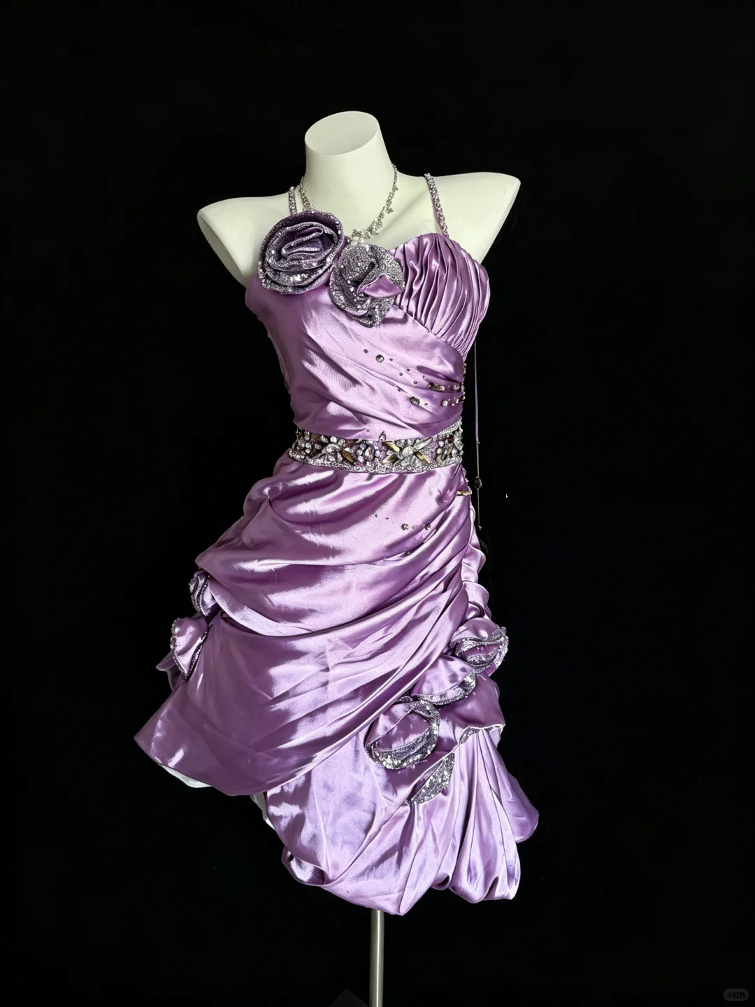 Pretty Spaghetti Straps Satin Beaded Short Party Dress Purple Short Homecoming Dress D5217