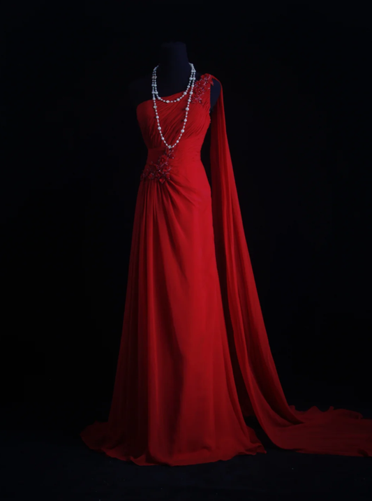 Classy One Shoulder Red Chiffon Beaded Mermaid Long Party Dress Formal Wedding Guest Dress D1997