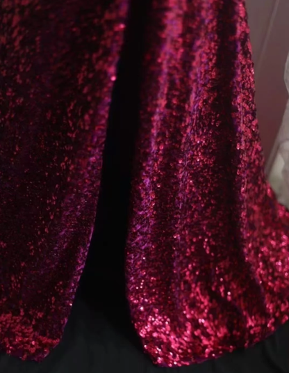 Sparkly Spaghetti Straps Hot Pink Sequin Mermaid Slit Evening Dress Long Wedding Guest Dress D2198