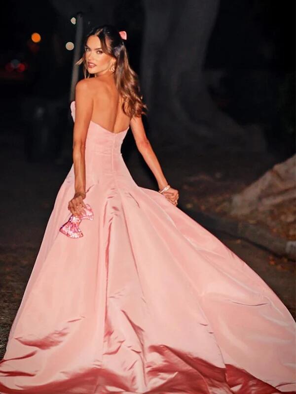Pretty Strapless V Neck Long Wedding Guest Dress Pink Long Evening Dress D4491