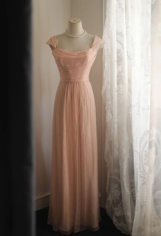 Classy Nude Pink Chiffon A Line Long Wedding Guest Dress Formal Birthday Party Dress D2314