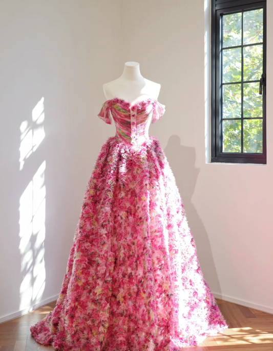 Pretty Hot Pink Off The Shoulder Tulle Pleated Flowers Long Birthday Party Dress Evening Gown D2150