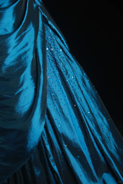 Vintage Blue Strapless Satin Beaded Long Prom Dress Party Dress D2853