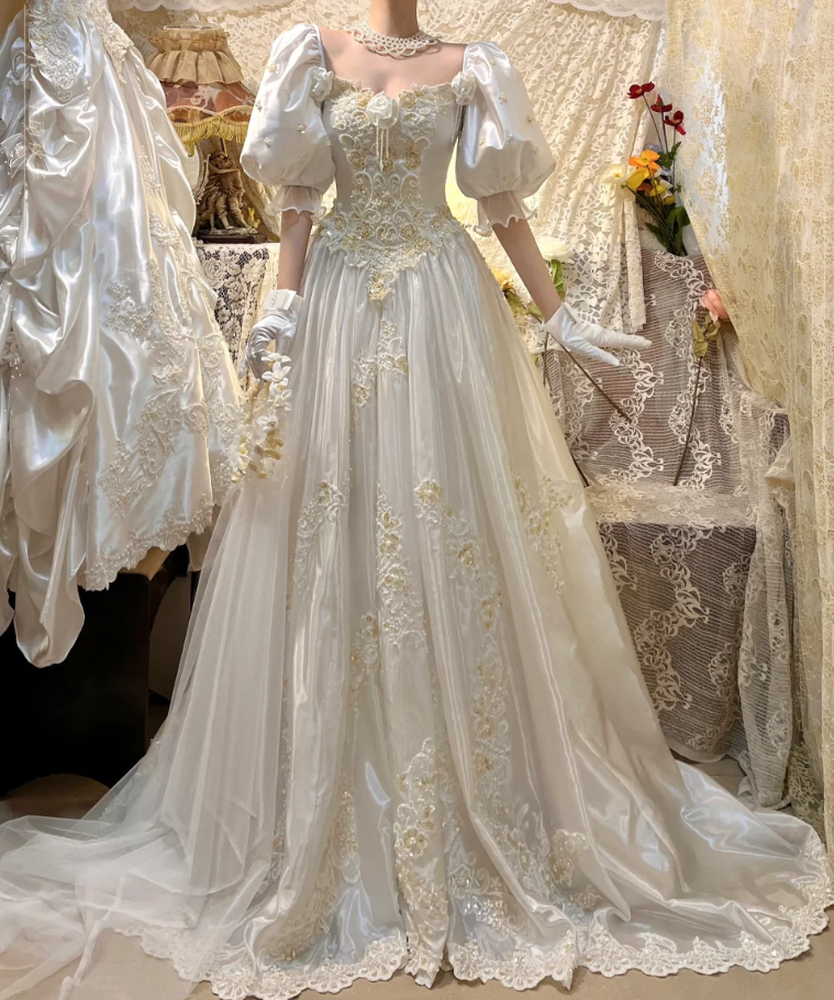 Charming Off The Shoulder White Satin Beaded Long Wedding Dress Bridal Gowns With Gloves D2032
