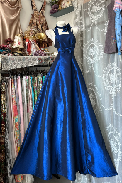 Retro Royal Blue Satin Bow A Line Long Birthday Party Dress Prom Gown D1292