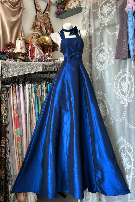 Retro Royal Blue Satin Bow A Line Long Birthday Party Dress Prom Gown D1292