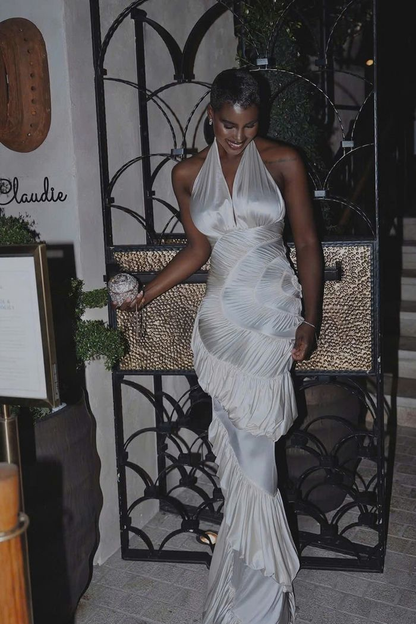 Elegant Halter Ivory Satin Pleated Ruffled Mermaid Long Evening Dress Prom Gown D4816
