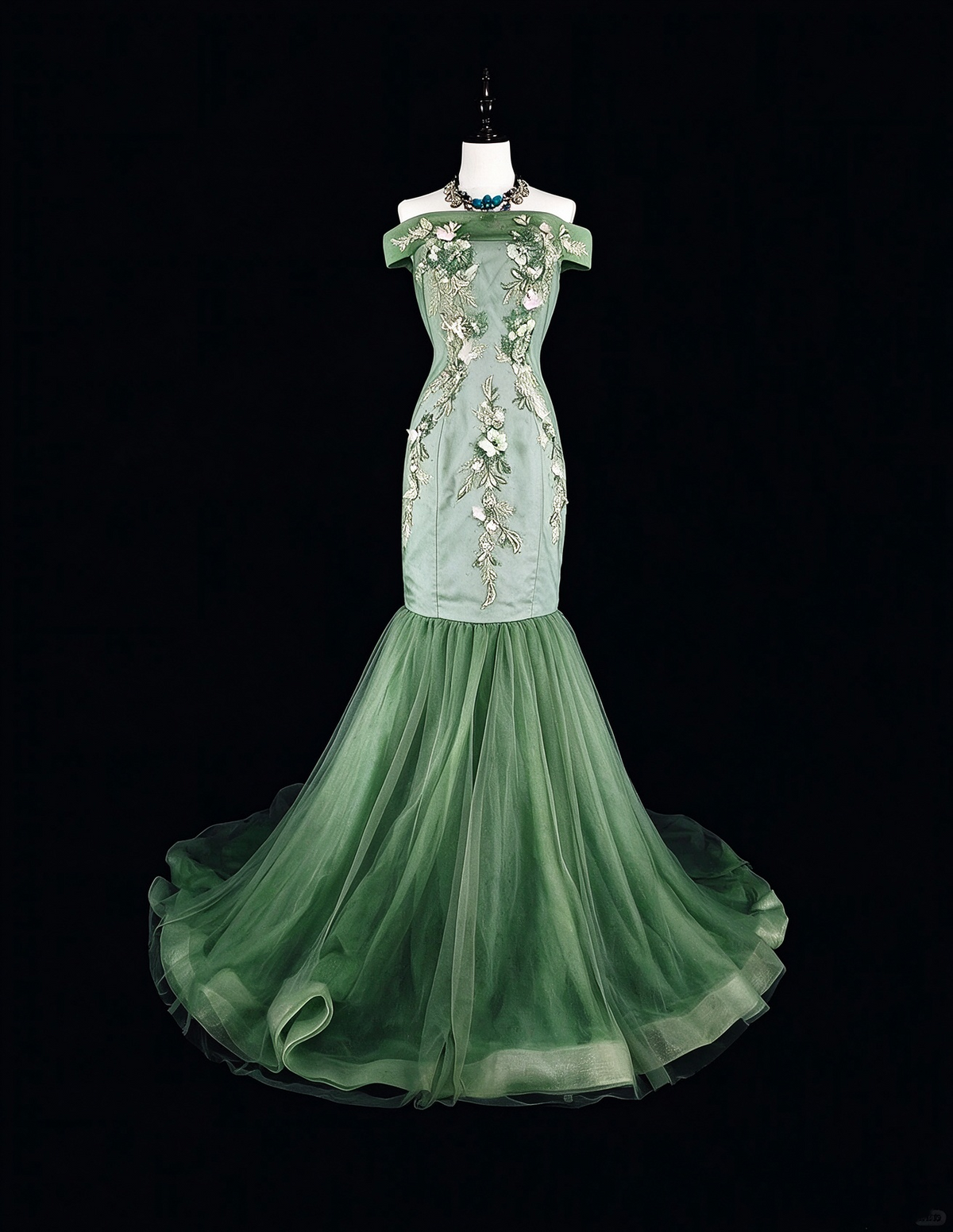 Charming Off The Shoulder Satin Tulle Appliqued Long Prom Dress Green Mermaid Evening Dress D5382