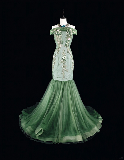 Charming Off The Shoulder Satin Tulle Appliqued Long Prom Dress Green Mermaid Evening Dress D5382
