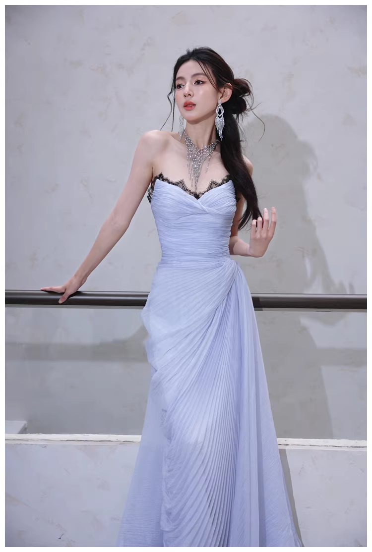 Classy Haze Blue Strapless Tulle Pleated Mermaid Long Party Dress Evening Gown D2460