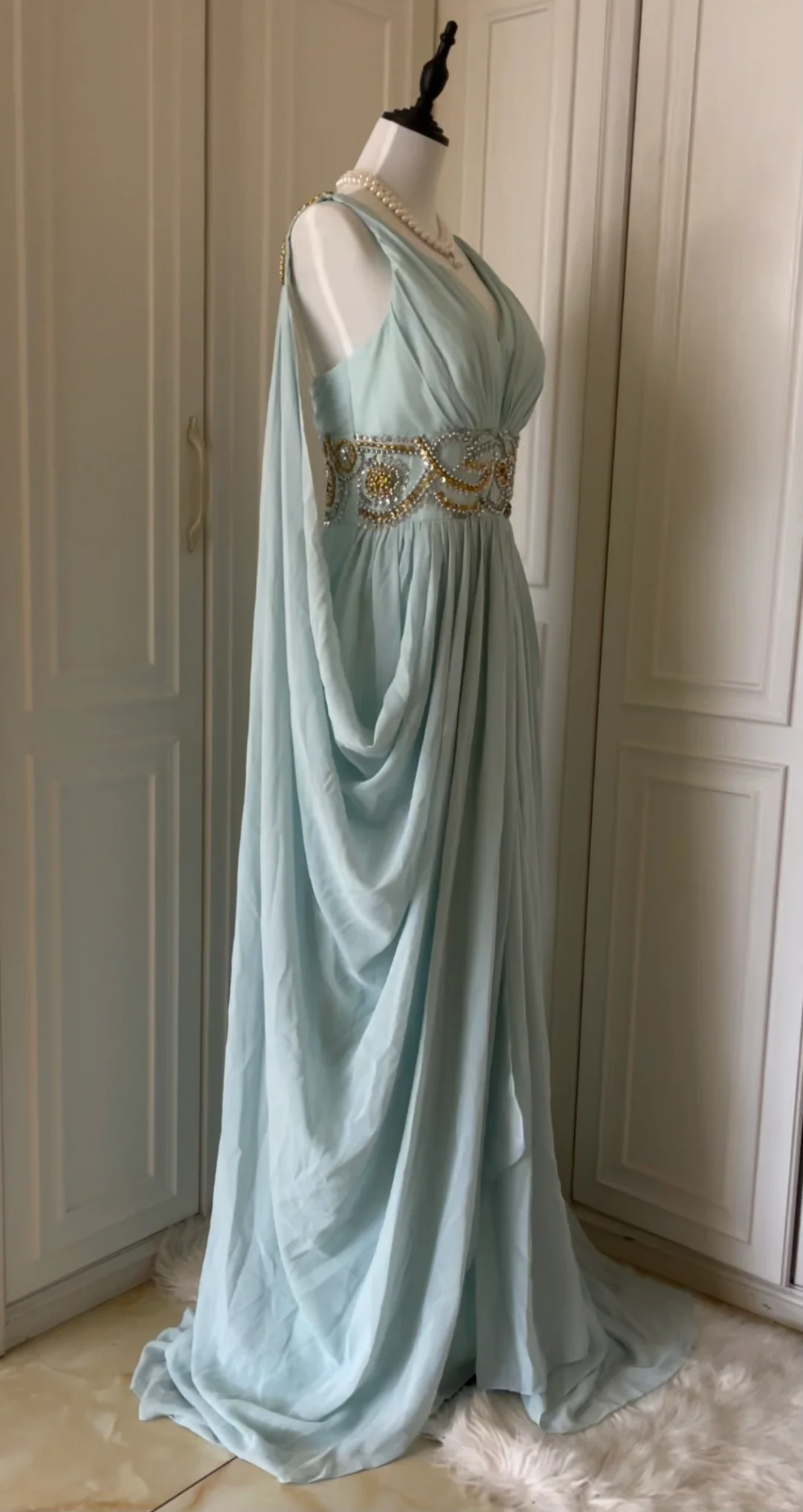 Elegant Blue V Neck Chiffon Beaded Long Evening Dress Prom Gown D3091