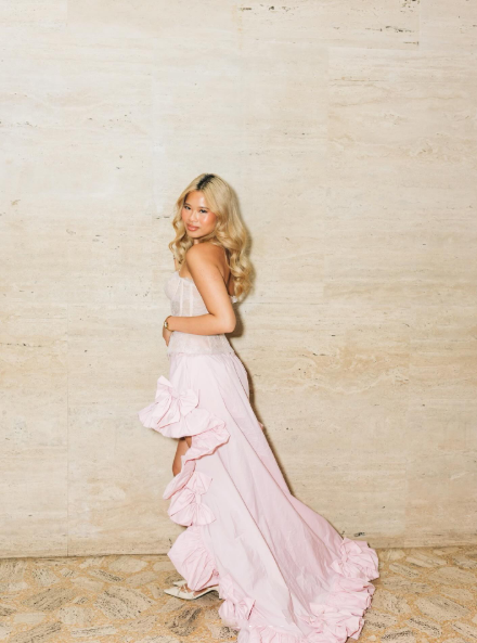 Pretty Pink Lace Satin Bow Long Prom Dress Birthday Party Dress Two Piece D3852