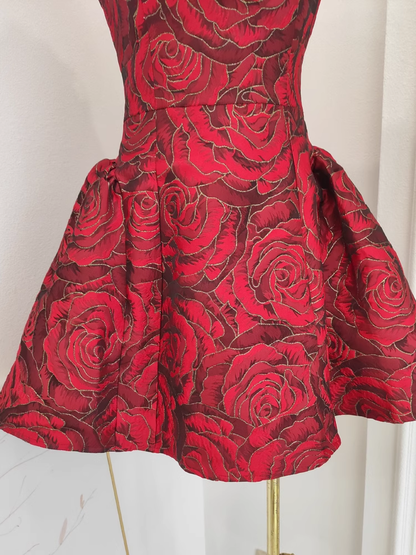 Cute Ball Gown Strapless Red Satin Floral Cocktail Dress Short Birthday Outfits SD402