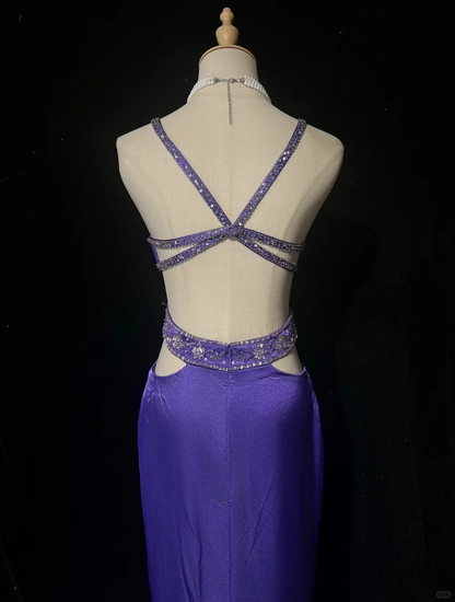 Sexy Purple Satin Sequin Beaded Mermaid Evening Dress,Spaghetti Straps Long Party Gown D2838